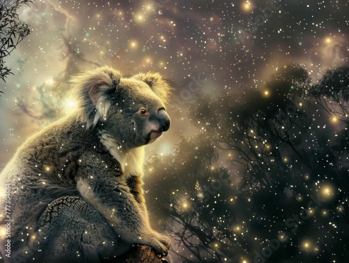 A koala's eyes, dreamy and deep, where stars are born, combining 3D fur texture and 2D dreamscape