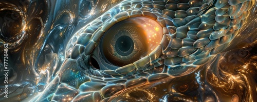 A snake's eye, a gateway to an interstellar wormhole, 3D photorealism meets 2D imagination