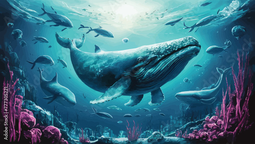 Submerged Capture: Whale and Marine Life Glide Through Ocean Depths photo