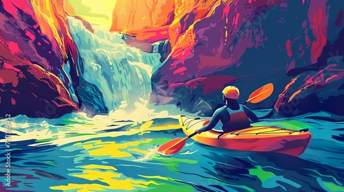 flat multicolored style illustration of a Female kayaker paddling towards a waterfall on a wildly flowing river photo