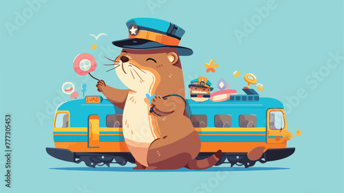 An otter with a train conductor hat vector logo ill