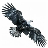 Robotic eagle soaring, laser eyes targeting, against a white canvas