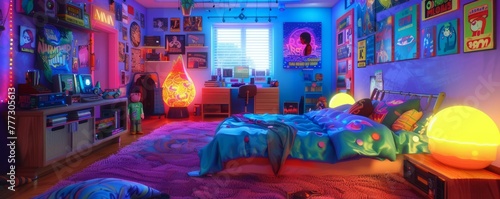Retro '90s teen room, with posters, a lava lamp, and a group enjoying Mama noodles, mix of 3D and doodles