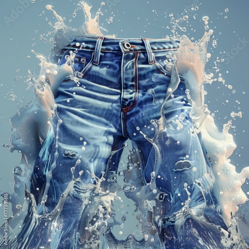 Realistic jeans with waves crashing against them, water splashing in 3D detail photo