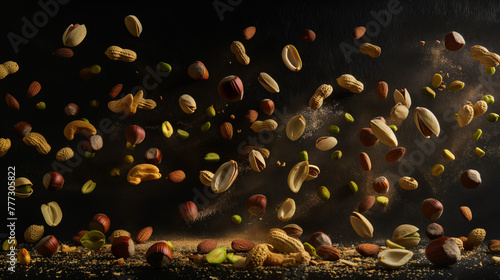 An assortment of mixed nuts in mid-air against a dark background creating an impression of zero gravity.