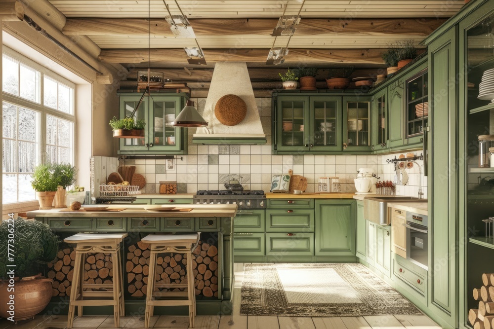 Green and Beige Rustic Country Kitchen with Scandinavian Touch. 3D Rendering of Cozy Interior with Wood Logs on Ceiling and Homey Cabinet