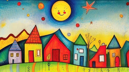 Tableau sur plexiglas Jaune children's drawing street landscape  © Jane Bright