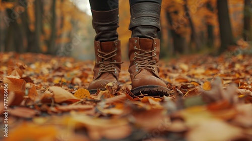 A close-up shot of leather boots walking on a path covered with fallen leaves in an autumn park, soft focus ai generated images