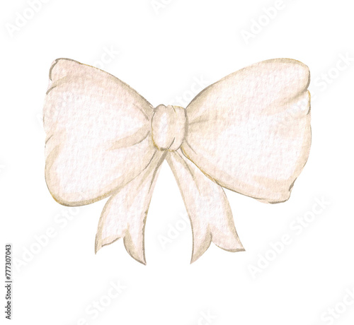 Watercolor white bow isolated on white background. Illustration of a cute bow for the design and decoration of greeting cards, invitations. Cream fabric bow.
