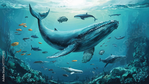 Submerged Capture: Whale and Marine Life Glide Through Ocean Depths 
