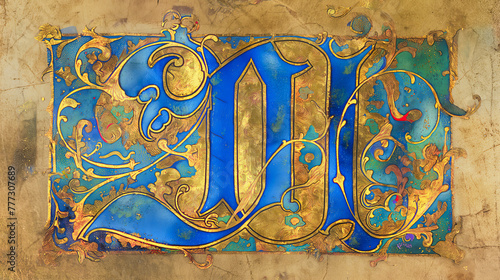 An illuminated manuscript-style letter  M  with gold leaf accents and vibrant blue in a medieval script.