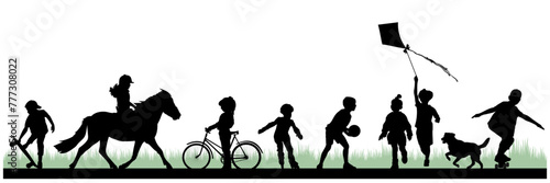 Children and pets silhouettes on white background. Little girls and boys playing outdoor. Vector illustration.	
