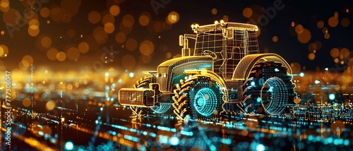 digital yellow smart tractor, artificial intelligence in modern agricultural machinery, enabling precision farming techniques, automated planting, fertilization, and harvesting, field conditions. 