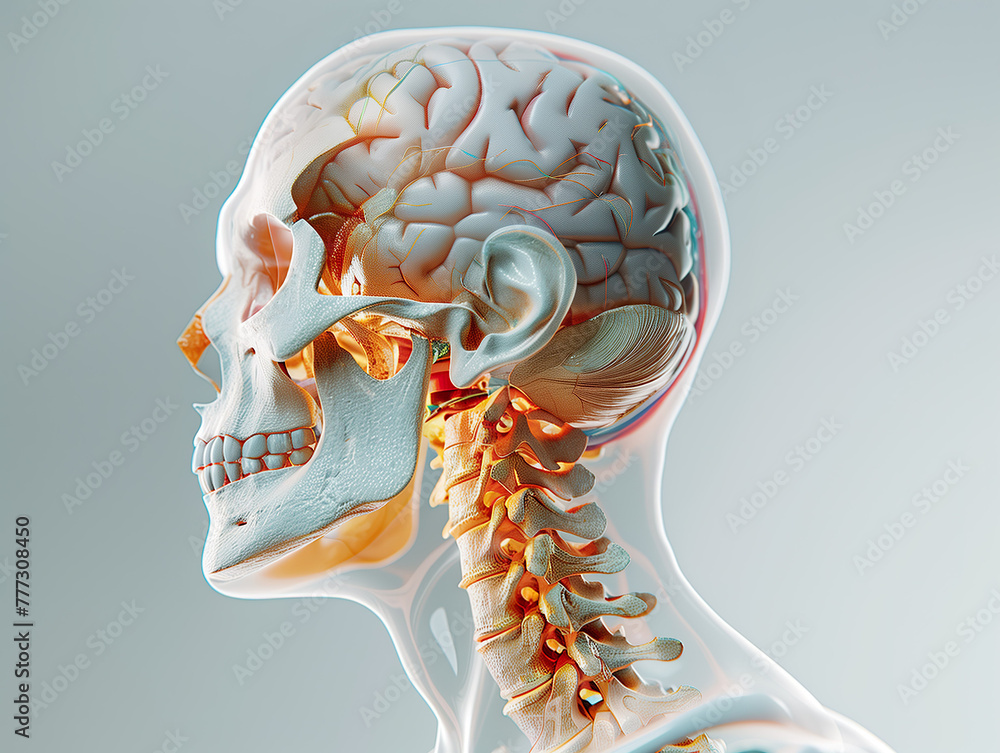 3D illustration human skull, brain and spine anatomy. Stock ...