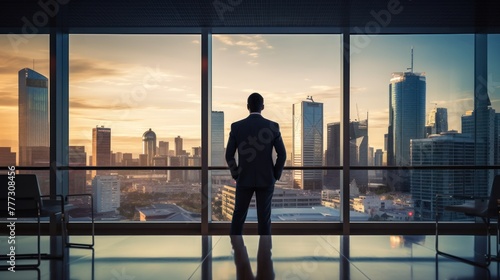 Businessman silhouette against cityscape from high-rise office