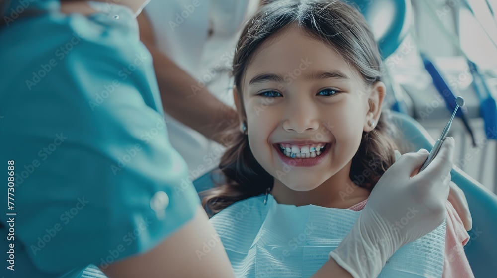 In a brightly lit dentist's office, a young girl sits confidently in the examination chair, smiling as the dentist gently checks her teeth, soft focus, real photo, stock photography In a brightly lit dentist's office, a young girl sits confidently in the examination chair, smiling as the dentist gently checks her teeth, soft focus, real photo, stock photography