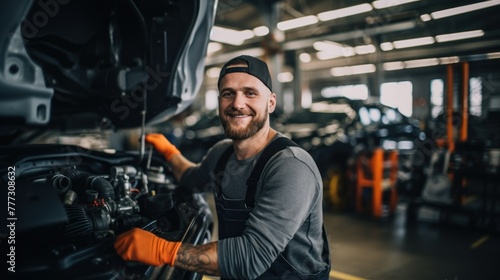 Smiling man mechanic repairing car engine in workshop