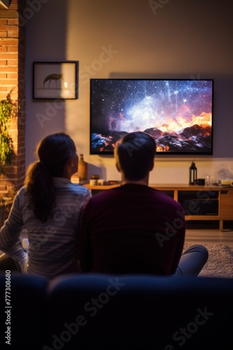 Man and woman watch cosmic show on television at home
