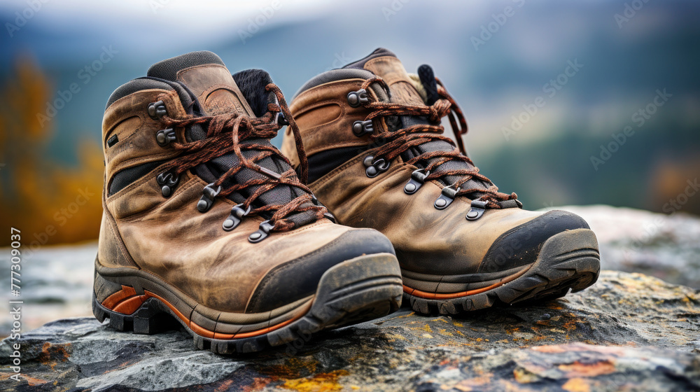 Worn hiking boots on rocky terrain outdoors