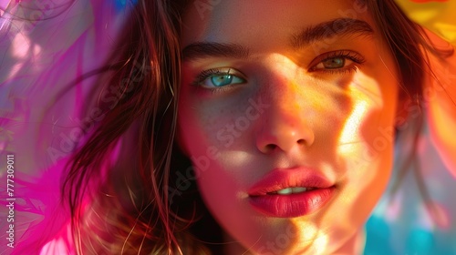 Portrait of a glowing Caucasian woman exuding confidence and vitality, with vibrant colors reminiscent of summer, real photo, stock photography generative ai