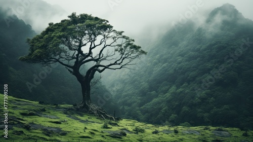 Solitary tree in misty green forest landscape #777309208