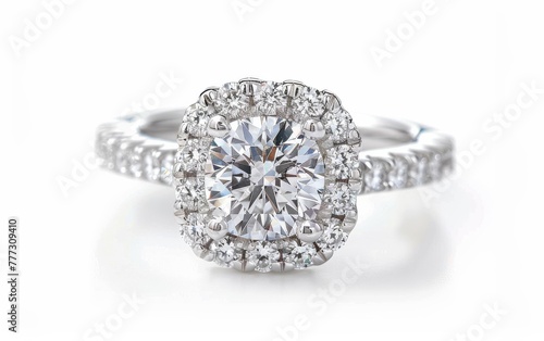 Cushion Cut Diamond Cluster Ring Displayed On Transparent Background.