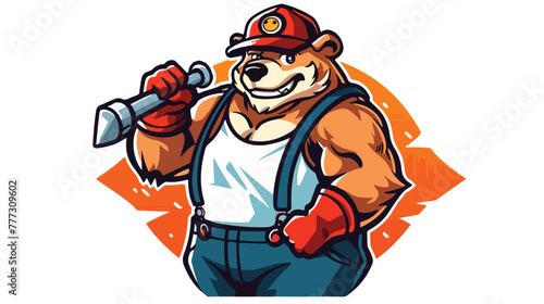Bear plumber logo mascot cartoon. vector illustrati