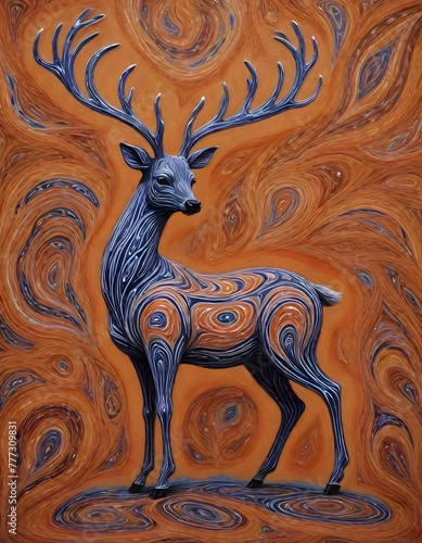 Stylized Deer with Large Antlers, Set Against an Abstract, Ornate Background of Swirling Patterns and Earthy Tones, Generative AI