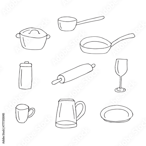 Kitchen utensils set, vector illustration, hand drawn doodles