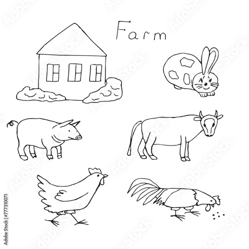 Farm and animals vector illustration, hand drawing