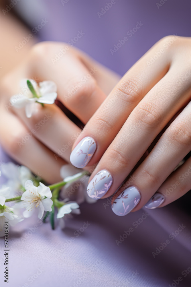 Fototapeta premium Elegant Hand with Floral Nail Art Holding Cherry Blossoms