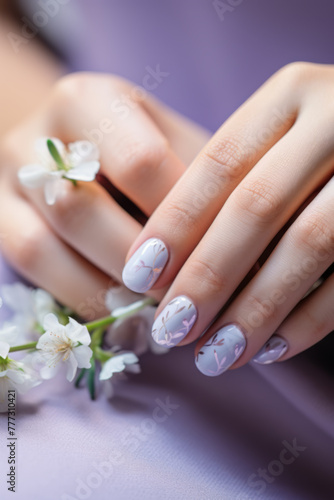 Elegant Hand with Floral Nail Art Holding Cherry Blossoms