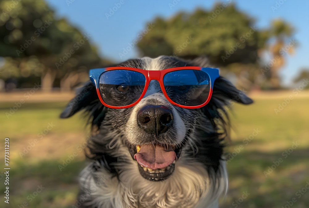 a black and white border collie wearing blue red sunglasses