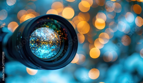 Capture the magic of winter: close-up of the camera lens reflecting sparkling snow and warm glowing lights