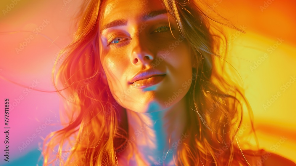 Portrait of a glowing Caucasian woman exuding confidence and vitality, with vibrant colors reminiscent of summer, real photo, stock photography generative ai Portrait of a glowing Caucasian woman exuding confidence and vitality, with vibrant colors reminiscent of summer, real photo, stock photography generative ai