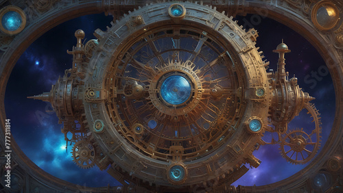 A dynamically intricate steampunk virtual galactic map  where gears and cogs interlock with celestial bodies in a mesmerizing display of technological wonder  heaven