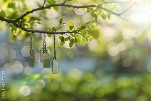 Dog Tags Hanging on Tree Branch photo