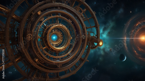 A dynamically intricate steampunk virtual galactic map, where gears and cogs interlock with celestial bodies in a mesmerizing display of technological wonder, extra terrestial