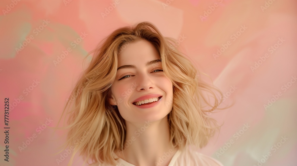 Fototapeta premium A radiant young woman with meticulously groomed blonde hair smiling against a soft, pastel backdrop, evoking feelings of serenity and contentment, real photo, stock photography