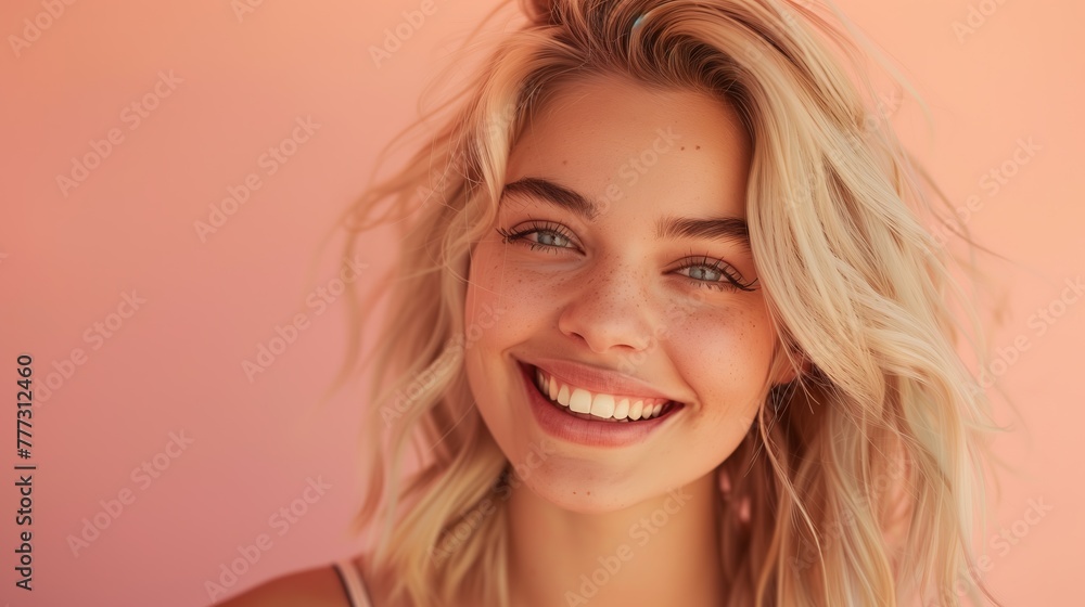 A radiant young woman with meticulously groomed blonde hair smiling against a soft, pastel backdrop, evoking feelings of serenity and contentment, real photo, stock photography A radiant young woman with meticulously groomed blonde hair smiling against a soft, pastel backdrop, evoking feelings of serenity and contentment, real photo, stock photography