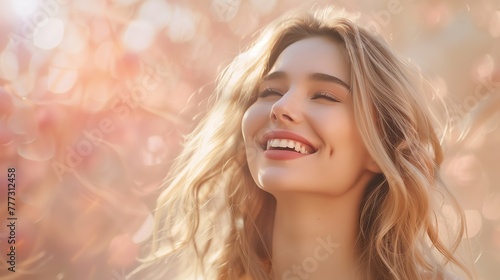 A radiant young woman with meticulously groomed blonde hair smiling against a soft, pastel backdrop, evoking feelings of serenity and contentment, real photo, stock photography © SazzadurRahaman