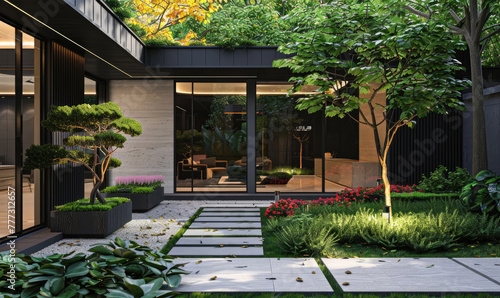 Modern building entrance with lush green plants and flowers