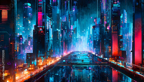 Abstract Cyberpunk futuristic sci-fi techno particles floating, Realistic Illustratio on digital art concept, Generative AI.