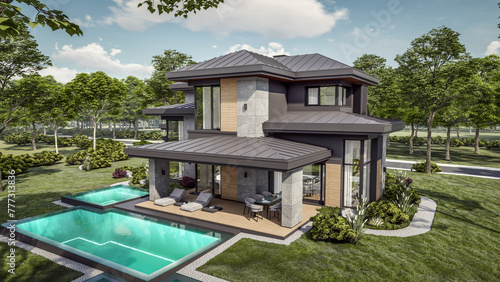 3d rendering of modern two story house with gray and wood accents, large windows, parking space in the right side of the building, surrounded by trees and bushes, green grass on lawn, daylight © korisbo