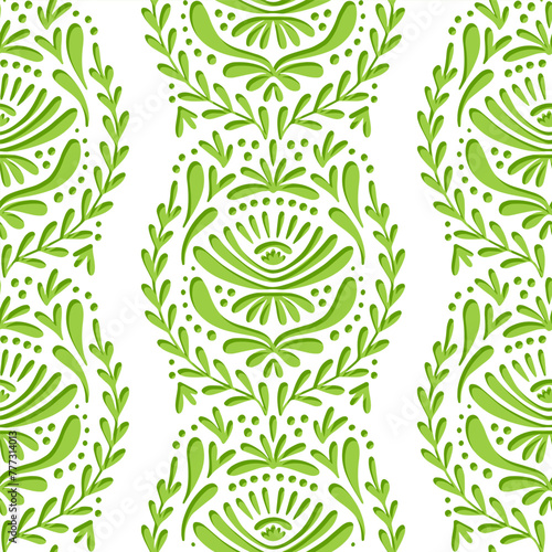 vertical lace type botanical style white monochrome seamless pattern on light green background