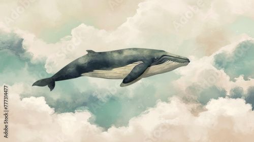 Ethereal Watercolor Whale Gliding through Dreamy Clouds