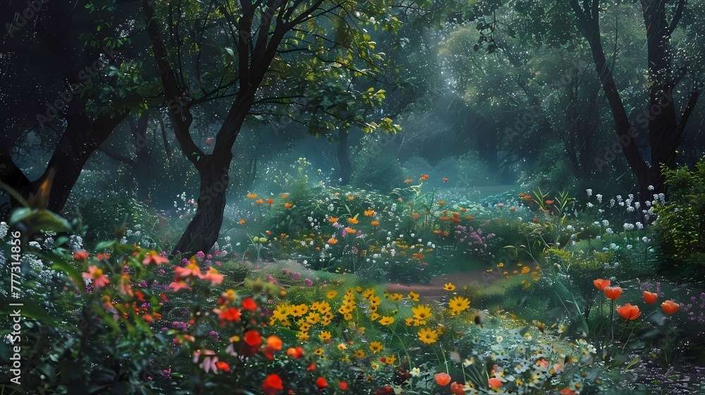Beautiful fantasy landscape with flowers and foggy forest in the morning, Generative AI illustrations.