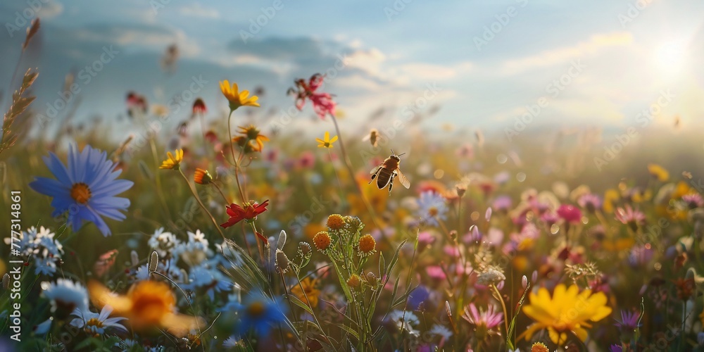 Bee Amidst Wildflowers at Sunset
