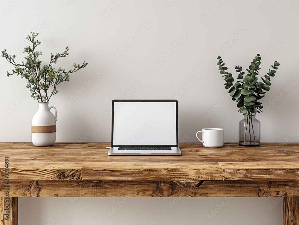 A minimalist style wooden table, featuring an open laptop placed on the surface. The desk is set against a white background, creating a clean and simple atmosphere that highlights both the natural bea A minimalist style wooden table, featuring an open laptop placed on the surface. The desk is set against a white background, creating a clean and simple atmosphere that highlights both the natural bea