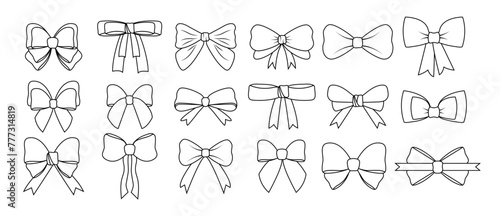 Set of bows in hand drawn style. Item of decoration and wardrobe. Tie. Vector illustration. Doodle. Collection of objects. Isolated. White background. Knot.